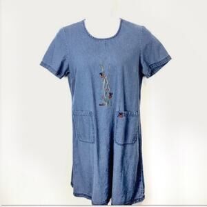 Ladybug Embroidered Dress Retro Chambray Blue 90s Women's Size Medium Vintage